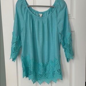 Aqua Crochet Accent Women's Blouse L